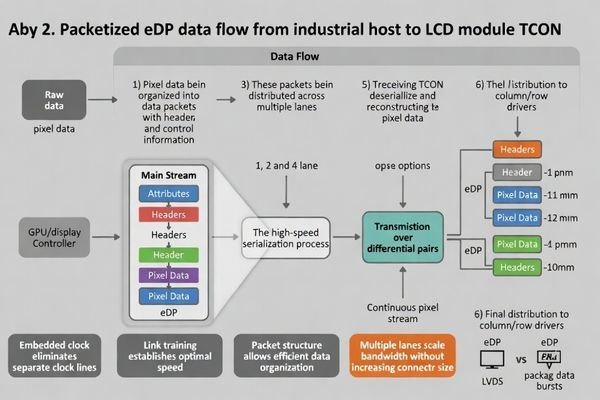 Diagram showing packetized data flow from a host GPU over eDP lanes to an LCD TCON