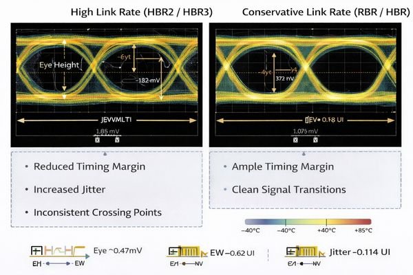 Oscilloscope showing marginal eye diagram at high eDP link rate versus clean eye at lower rate