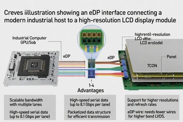 Illustration showing an eDP interface connecting a modern industrial host to a high-resolution LCD display module