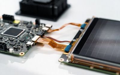 Industrial host board connected to a high-resolution LCD display module via eDP flex cable, showing a crisp test pattern