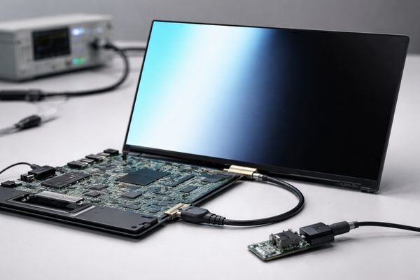 LCD display module connected via eDP to a thin mainboard, showing a partially black screen that suggests link-rate training margin and bring-up instability.