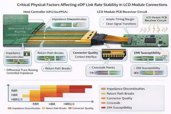 Physical factors affecting eDP signal integrity including trace impedance and connector quality