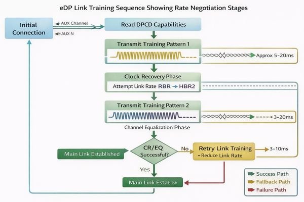 Diagram showing eDP link training sequence between host and display module