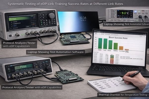 Engineer testing LCD module with eDP analyzer showing link training statistics