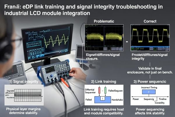 Photo showing a failed eDP link on a test bench with an engineer probing the signal