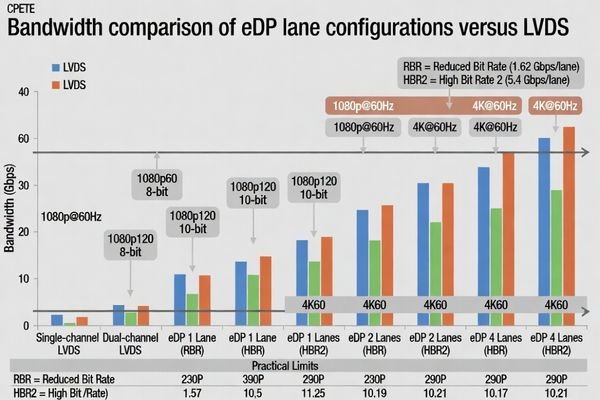 Graph comparing the maximum bandwidth of LVDS vs. different eDP lane/rate configurations