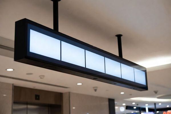 Ultra-wide bar-type LCD display installed in a bright elevator lobby for building guidance and information.