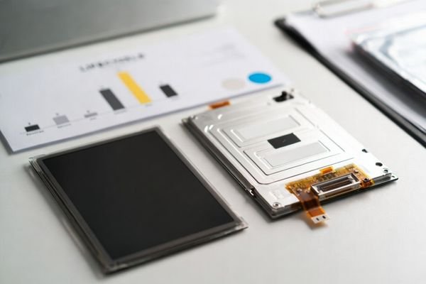 Two LCD display modules on a clean desk beside a timeline sheet and calendar, illustrating EOL early-warning planning, lot segregation, and supply continuity.