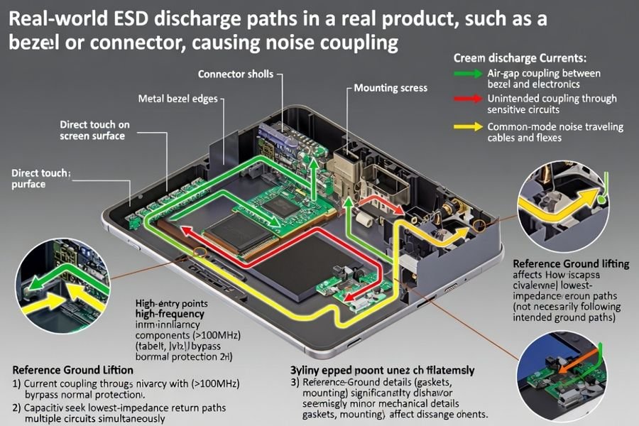 Illustration of ESD discharge paths in a real product, such as a bezel or connector, causing noise coupling