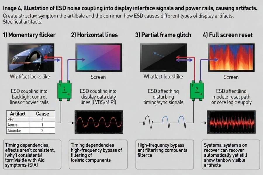Illustration of ESD noise coupling into display interface signals and power rails, causing artifacts