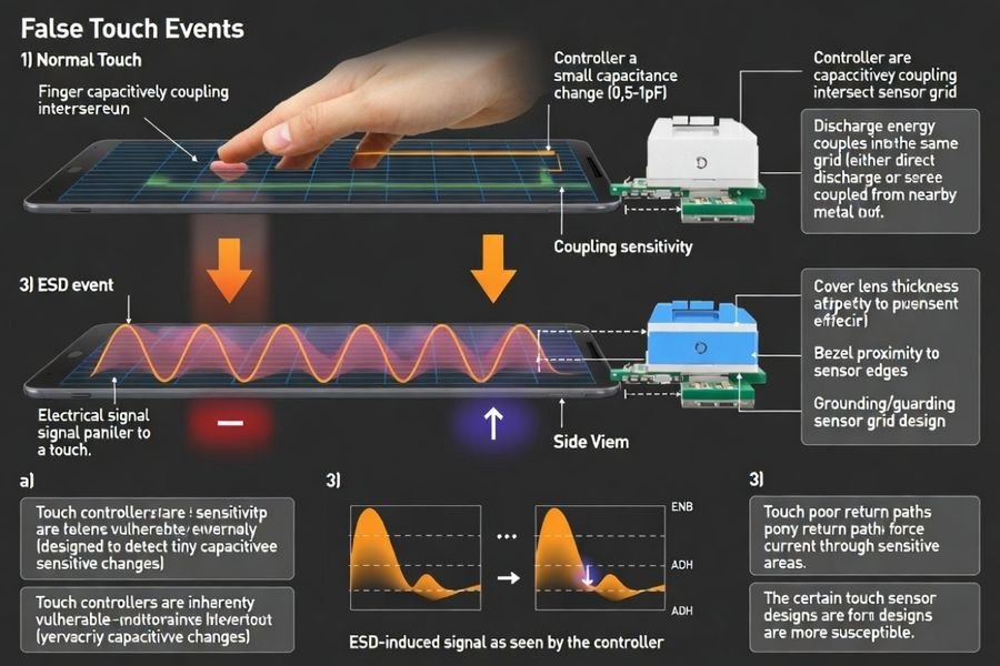 Diagram showing ESD coupling into a capacitive touch sensor grid and its return path