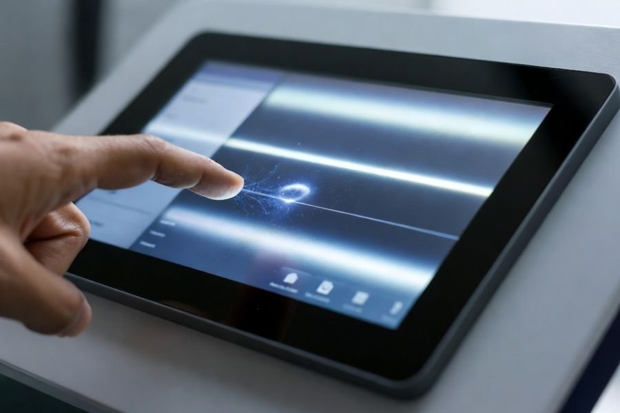 ESD spark from a fingertip to a kiosk bezel causing ghost touch and faint display artifacts on a capacitive touch LCD module.