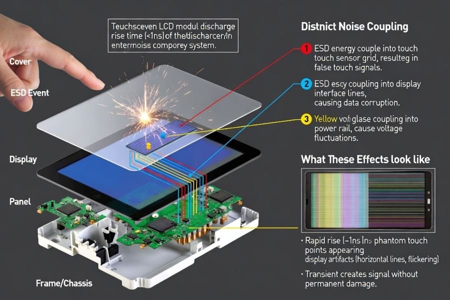 ESD effects on LCD modules with touch screens, showing noise coupling to touch and display signal paths