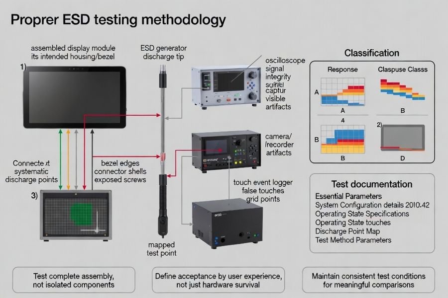 Test setup for ESD validation on an LCD module, showing discharge points and monitoring equipment