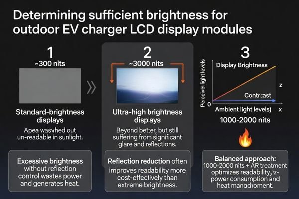 Comparison of a standard vs. a sunlight-readable display module on an EV charger in direct sun