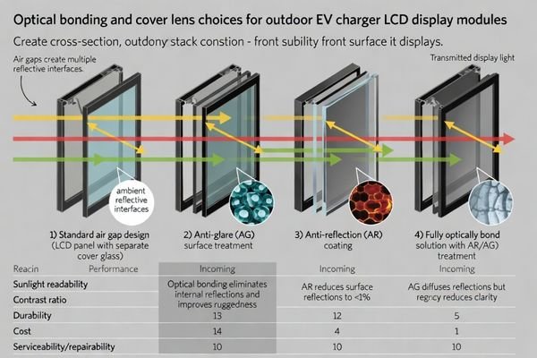 Cross-section of an LCD optical stack showing air gap vs. optical bonding for sunlight readability