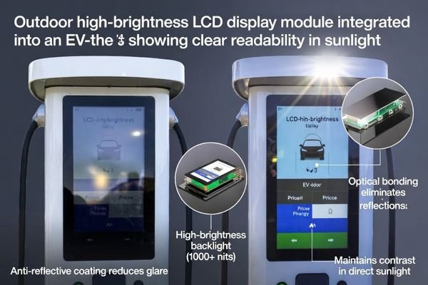Outdoor high-brightness LCD display module integrated into an EV charger, showing clear readability in sunlight