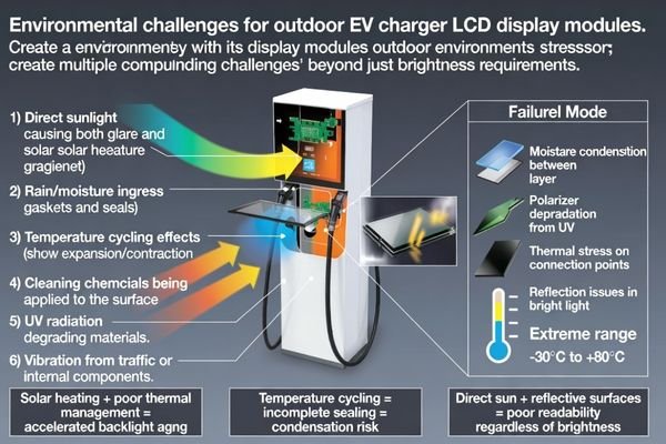 Diagram illustrating environmental stressors on an EV charger's LCD display module, including sun, rain, and temperature