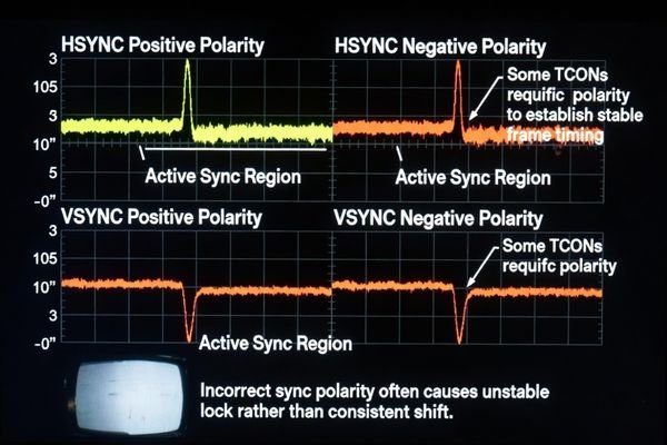An oscilloscope trace showing positive vs. negative sync polarity signals