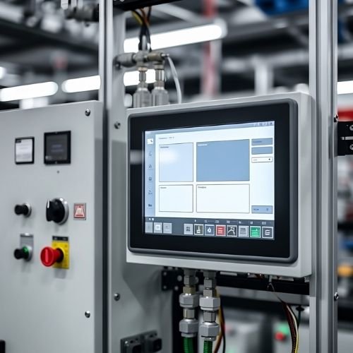 Industrial control HMI panel integrated into a machine cabinet, used as a stable control interface for automation equipment.