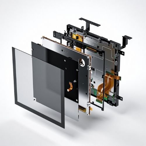 Exploded view of an industrial LCD module structure showing cover glass, panel, backlight, frame, and connector integration.