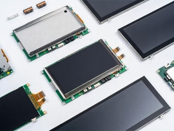 Collection of industrial LCD module form factors including open-frame, front-mount, wide and bar displays with interface details.