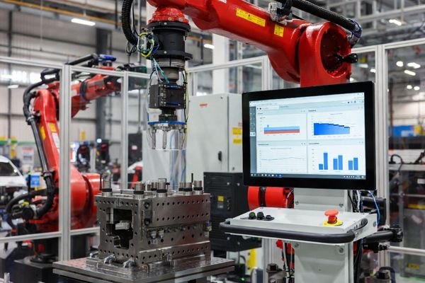 Industrial robotic arm performing precision measurement with real-time data on LCD display"