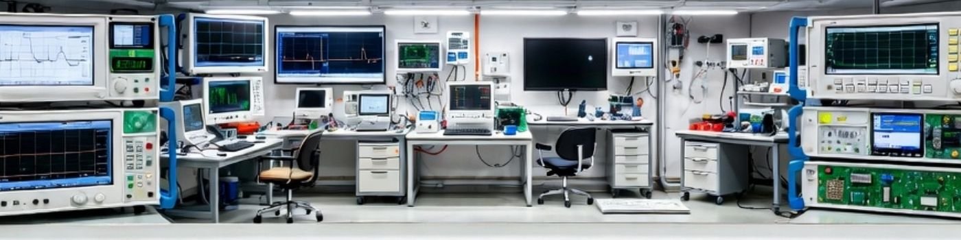 Wide-angle laboratory scene with instrumentation equipment using integrated LCD modules showing measurement data