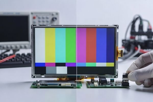 Lab bench LCD display module showing a split test pattern—correct colors on one side and JEIDA/VESA LVDS mapping mismatch with color shift and posterized grayscale on the other.