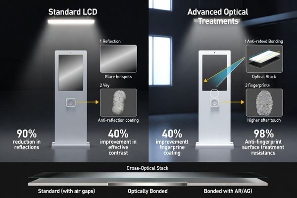 Side-by-side comparison of a standard LCD and an optically bonded, anti-reflection LCD in a bright environment
