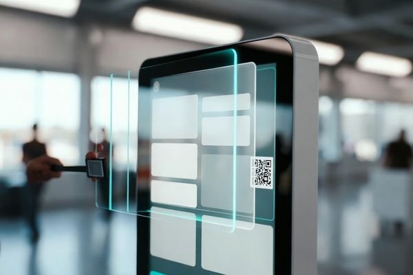 Photorealistic self-service kiosk LCD display module showing clear readability under glare, with a subtle cutaway of the optical stack and testing context.