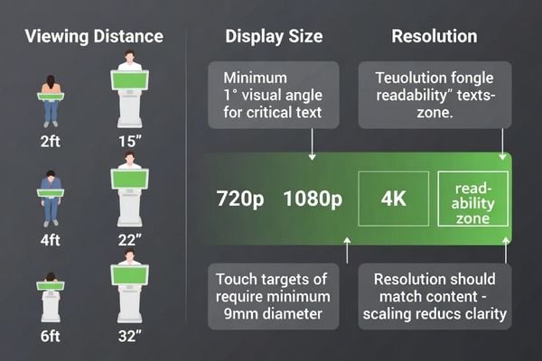 Diagram showing the relationship between viewing distance, font size, and required display resolution for a kiosk