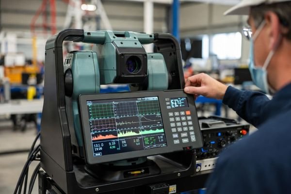 Engineer operating a large laser scanner or total station in a real-world engineering or construction environment