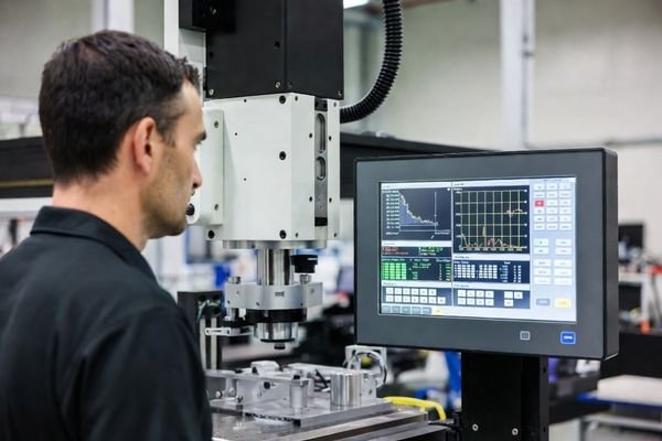 Engineer operating a large industrial CMM with integrated LCD display showing measurement data