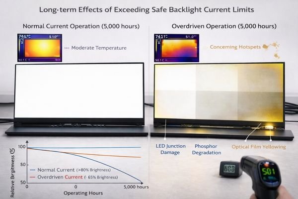 Comparison of normal vs. overdriven LED backlight showing accelerated aging effects