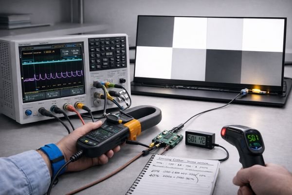 Engineer measuring LED backlight current during dimming transitions on LCD module