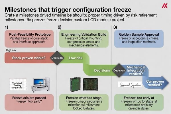 Project timeline diagram showing freeze milestones linked to prototype approval and tooling kick-off