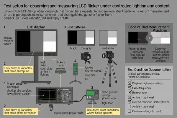 Test setup for observing and measuring LCD flicker under controlled lighting and content conditions