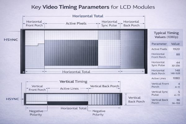 A diagram showing the components of a video timing signal: active area, porches, and sync pulse