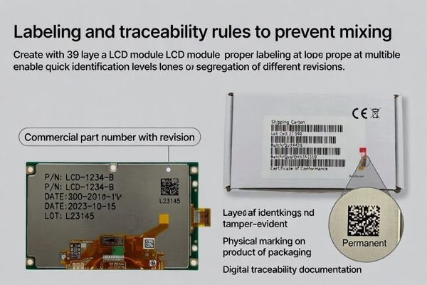 Image showing a well-labeled LCD module and its shipping carton with clear revision and lot codes