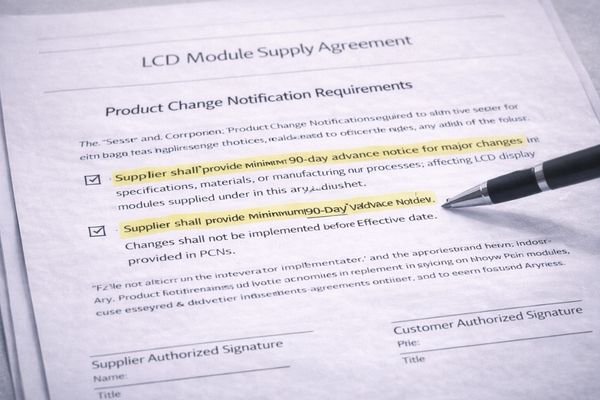 A contract document highlighting PCN lead time clauses for LCD display modules
