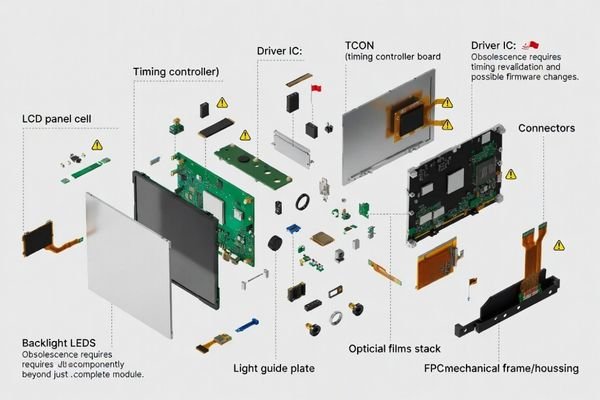 An exploded view of an LCD module showing its critical subcomponents