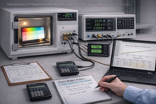 Engineer testing LCD module power consumption in environmental chamber