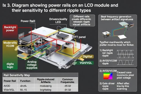 Diagram showing power rails on an LCD module and their sensitivity to different ripple types