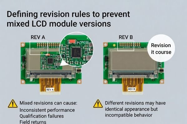 Image showing two seemingly identical LCD modules with different revision labels highlighted