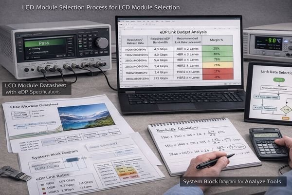 Engineer reviewing eDP specifications and system design documents for LCD module selection