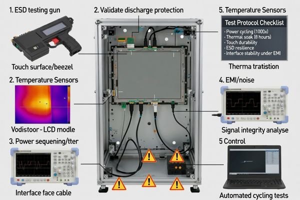 Test setup showing an LCD module inside its kiosk enclosure undergoing ESD and power cycling tests