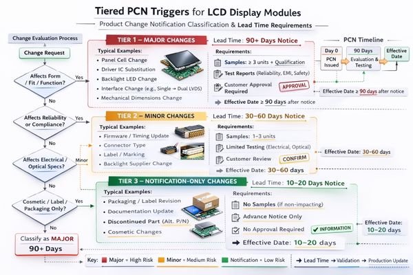 A flowchart showing tiered PCN change levels for component management
