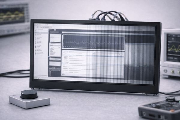 An LCD display module showing timing-related artifacts like vertical banding