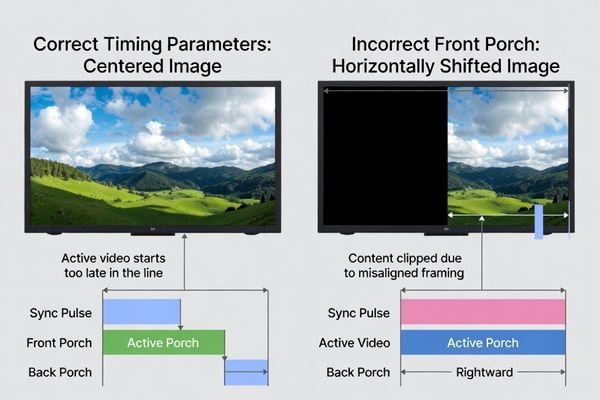 A diagram comparing a centered image to one shifted by incorrect porch values